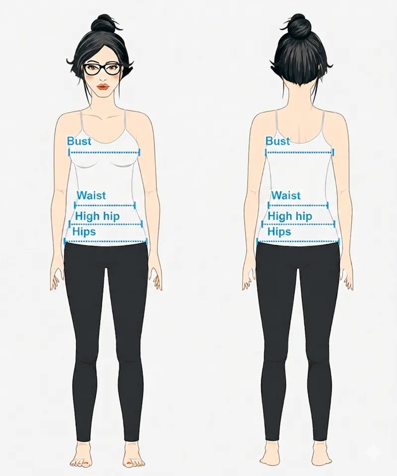 Diagram showing where to measure bust, waist, high hip, and hips for body shape