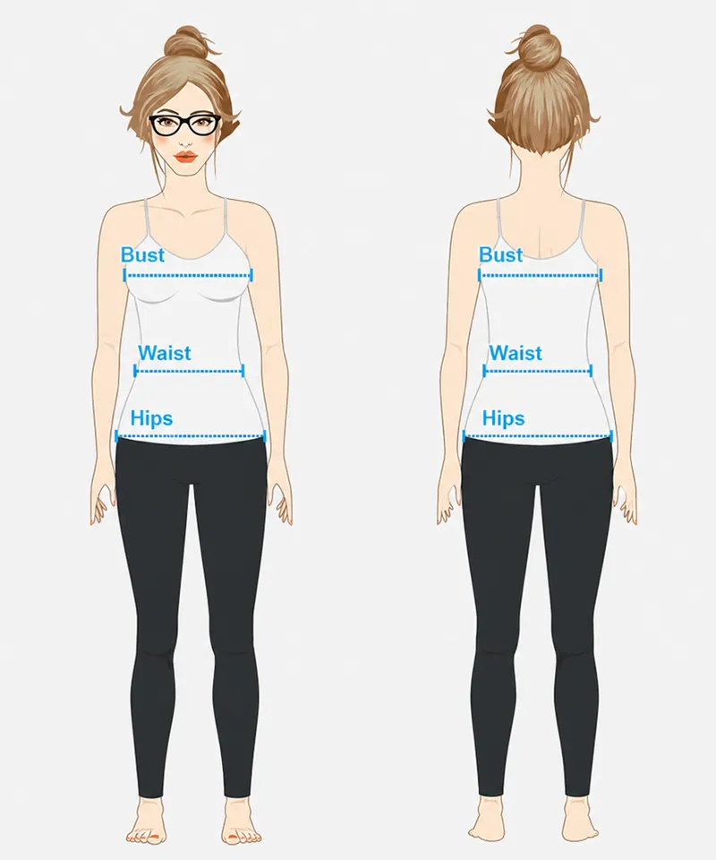 Diagram showing where to measure bust, waist, and hips for dress sizing