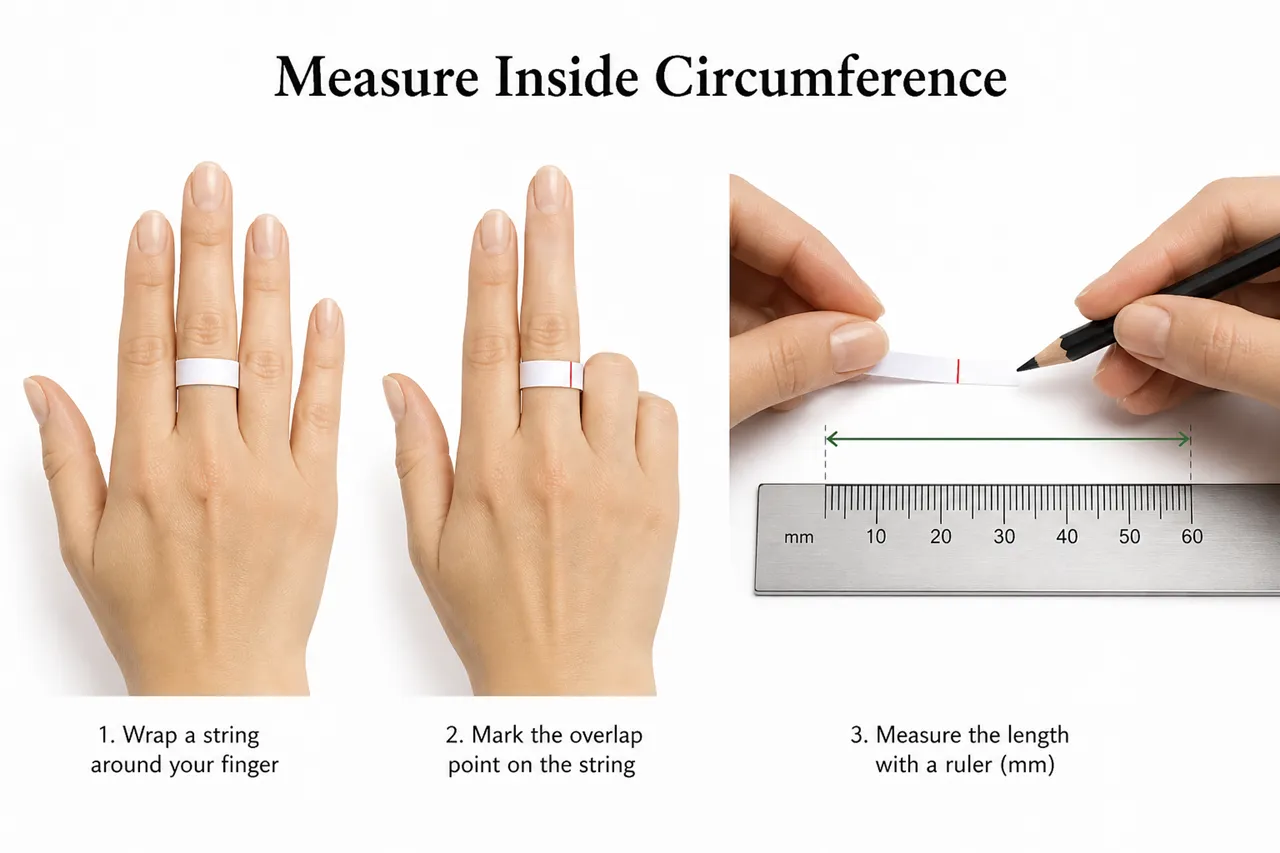 Three-step guide: Step 1 — wrap a paper strip around the finger, Step 2 — mark where the ends overlap, Step 3 — measure the length with a ruler