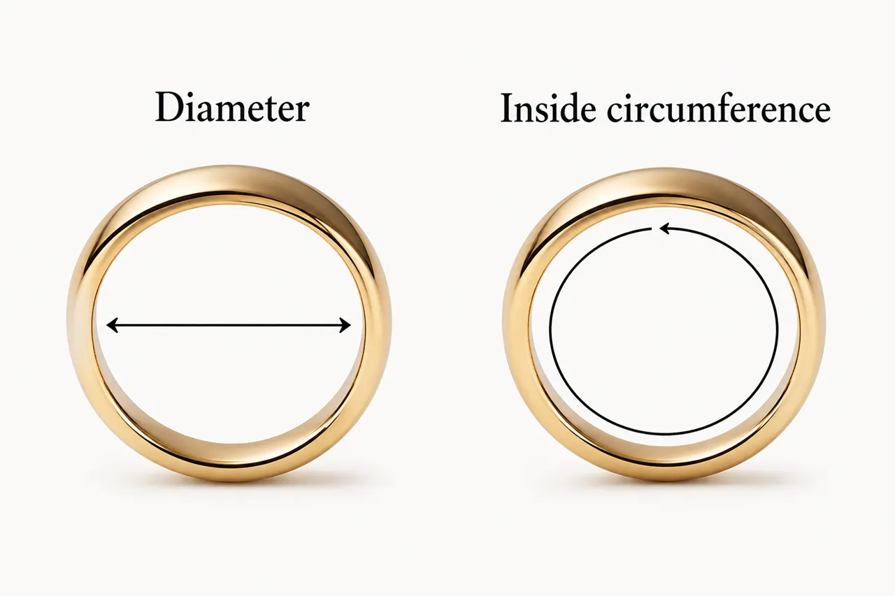 Two rings: the first shows inside diameter measured as a straight line across the center, the second shows inside circumference measured around the inner edge