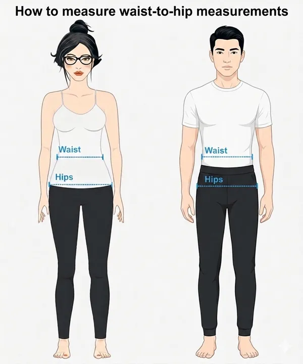 Diagram showing where to measure waist and hips for WHR calculation